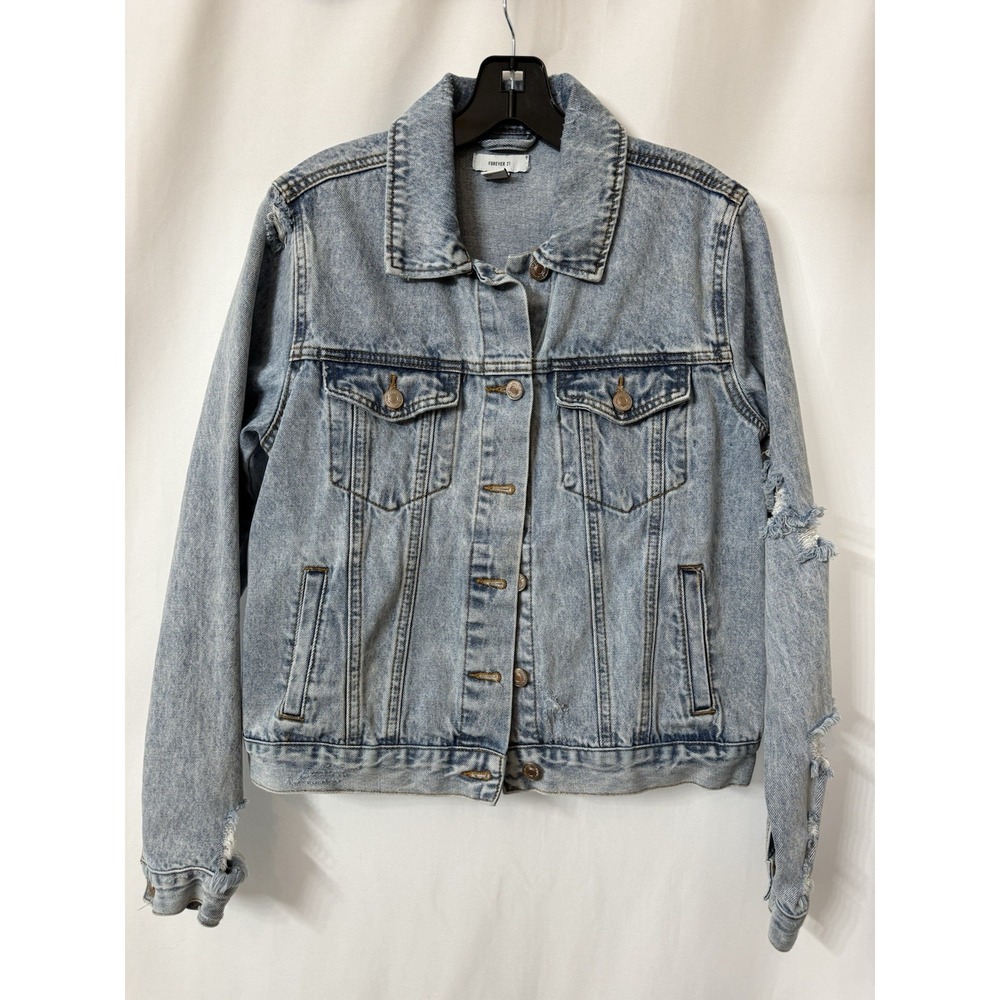 Forever 21 Trucker Jacket Small Denim Button Down Blue Light Wash Pockets N5‎